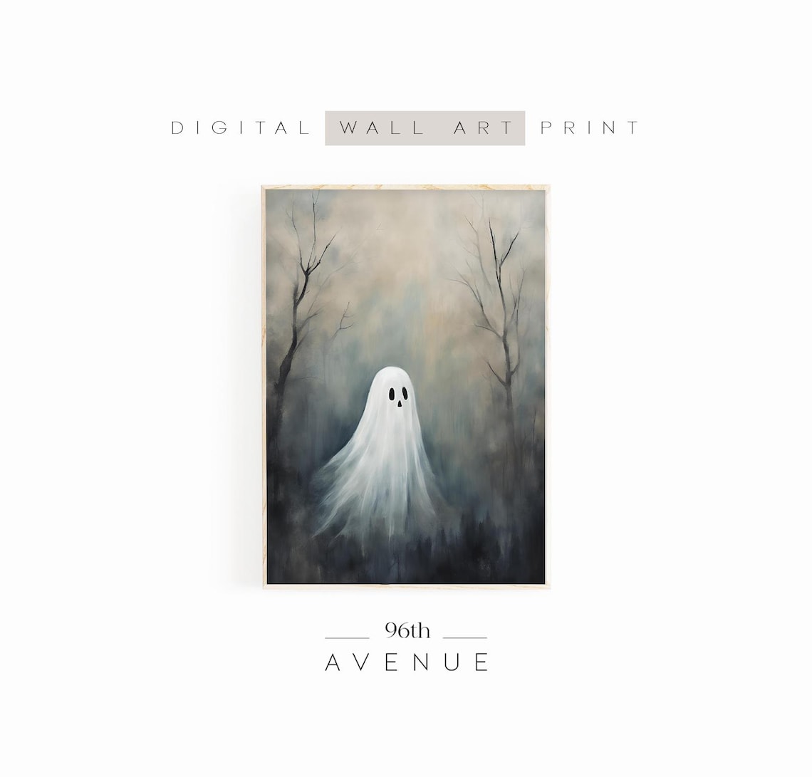 Spooky Ghost In Dark Foggy Forest Moody Halloween Painting Wall Art