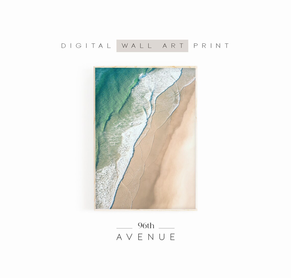 Aerial Shoreline Turquoise Waves Meeting Beige Sand Edge Print