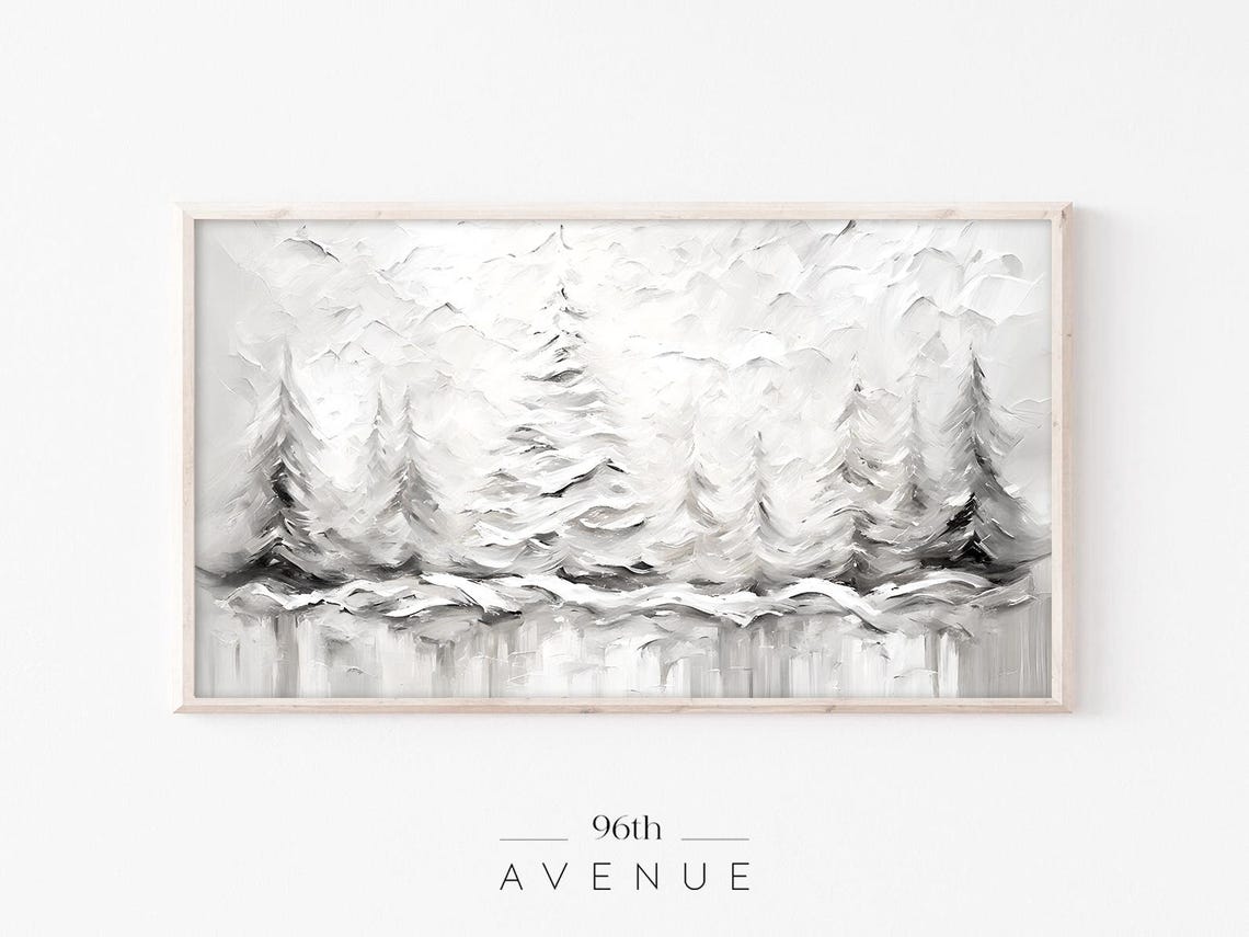 Black White Winter Pine Forest Textured Impasto Painting Poster