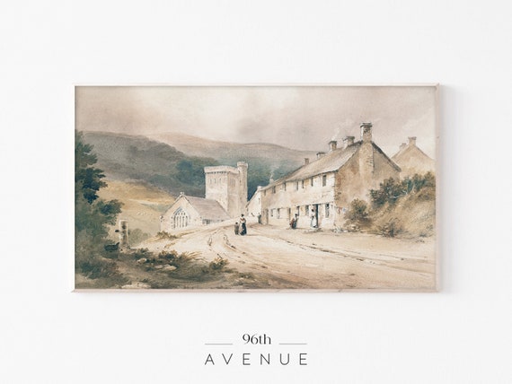 Vintage Farmhouse Painting Frame Tv Art Muted Village Landscape Art For Tv Tv Art 0424