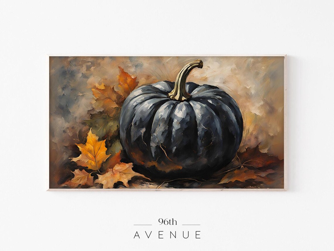 Black Pumpkin with Autumn Leaves Moody Fall Oil Painting Poster