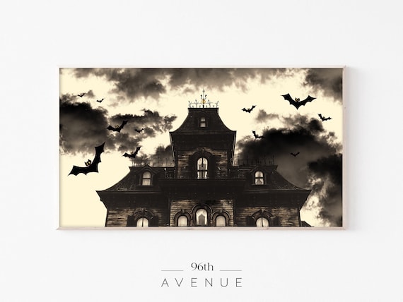 Haunted Mansion Bats Stormy Night Sky Vintage Halloween Poster