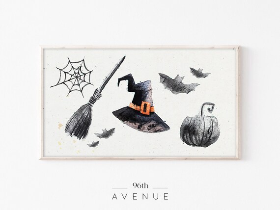 Watercolor Halloween Icons Witch Hat Broom Bats Pumpkin Poster