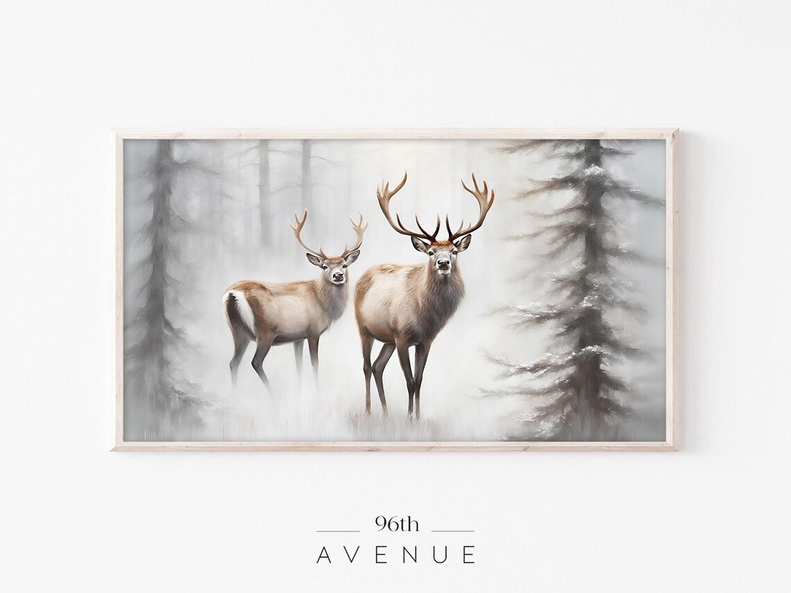 Two Deer in Misty Winter Forest Vintage Wildlife Painting Poster