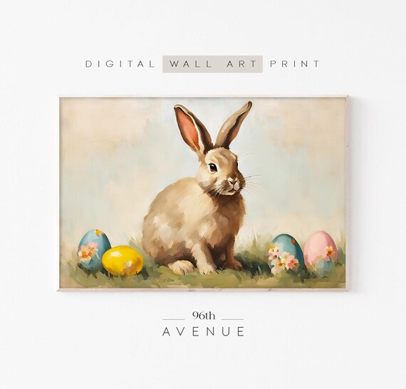 Cute Easter Bunny Painting, Vintage Rabbit Decor