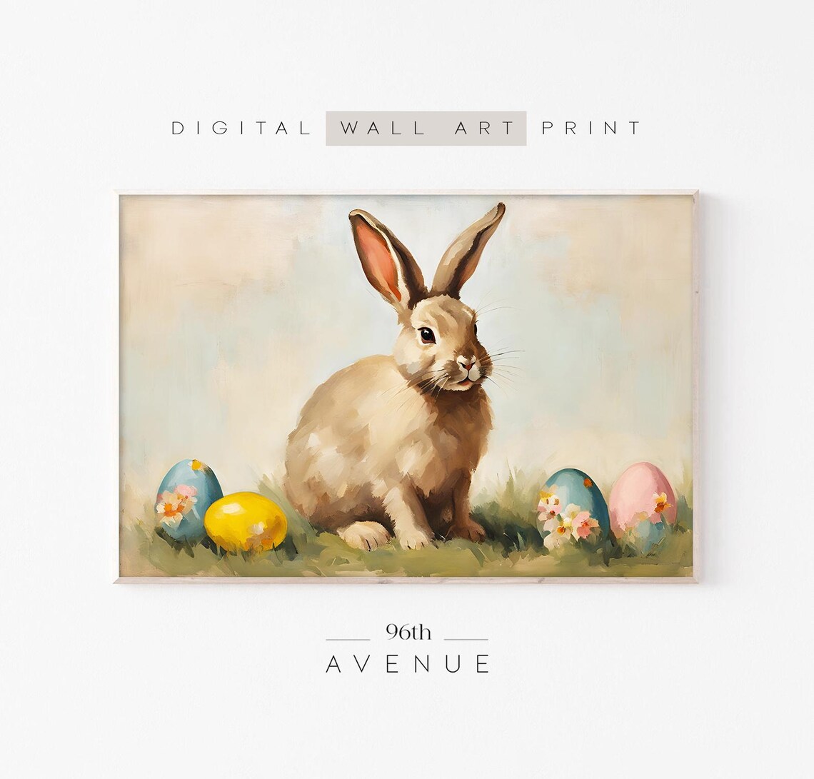 Cute Easter Bunny Painting, Vintage Rabbit Decor
