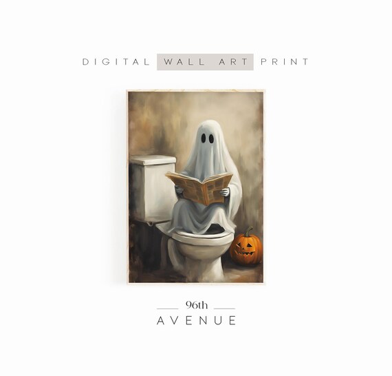 Funny Ghost on Toilet Reading Newspaper Halloween Bathroom Wall Art