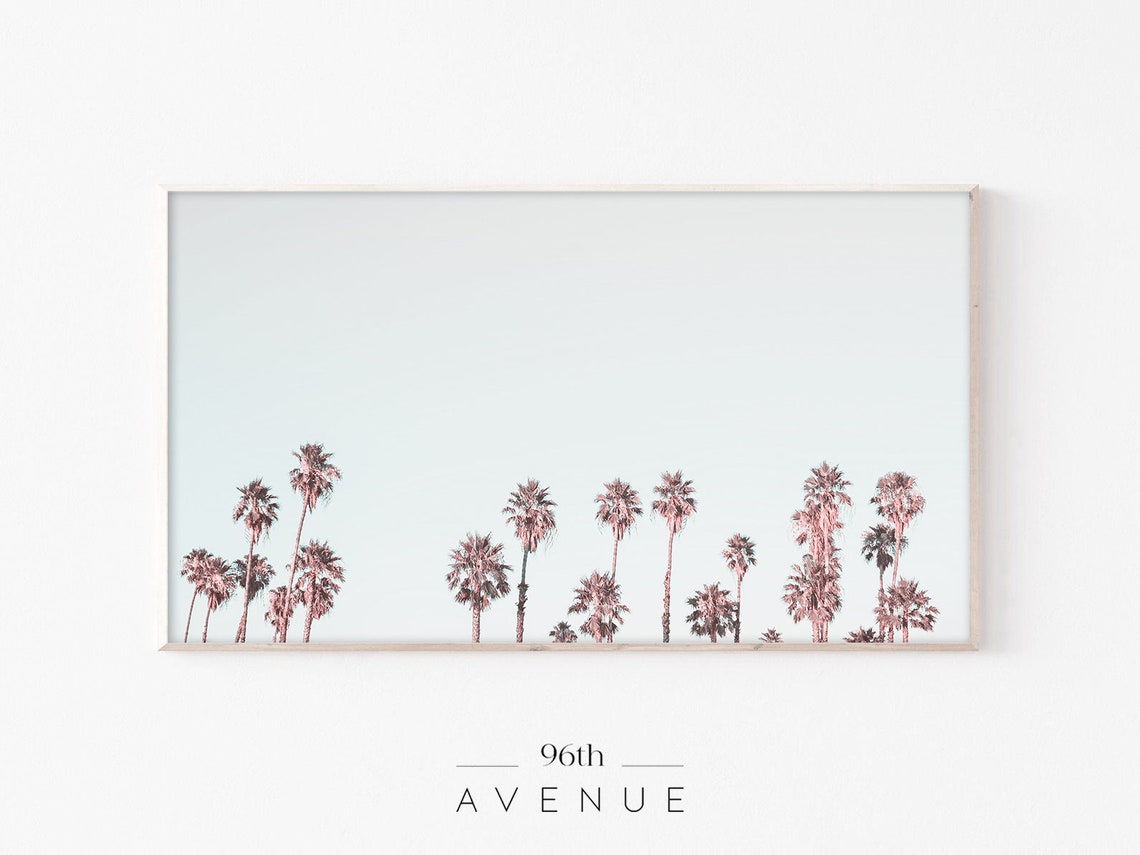 Tropical Palm Tree Line Minimal Coastal Blush Sky Photography Print