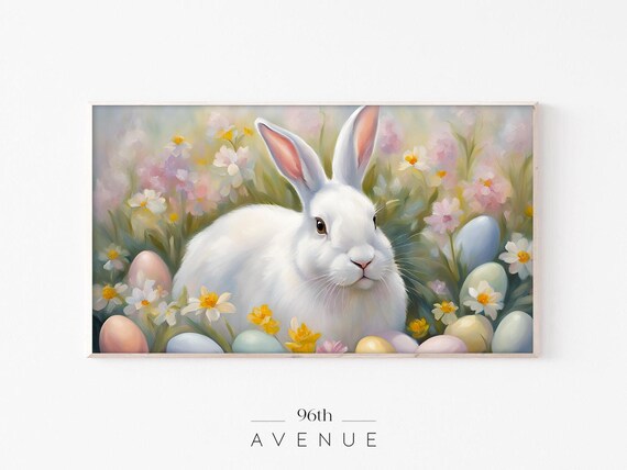 White Easter Bunny With Spring Eggs And Flowers Painting Wall Art