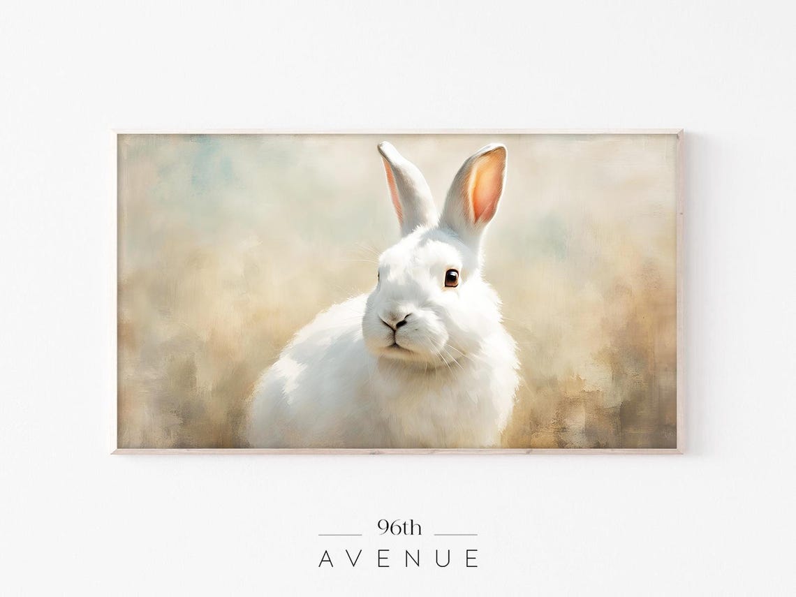 White Easter Bunny Portrait Soft Neutral Spring Painting Wall Art