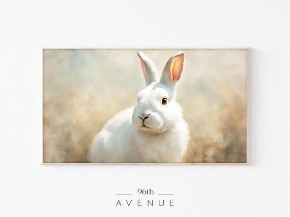 White Easter Bunny Portrait Soft Neutral Spring Painting Wall Art