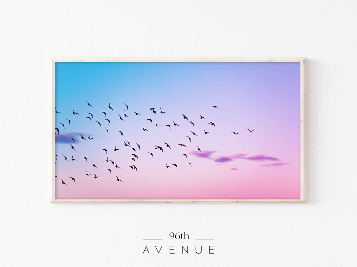 Birds Flying at Sunset Pink Purple Pastel Sky Photography Poster