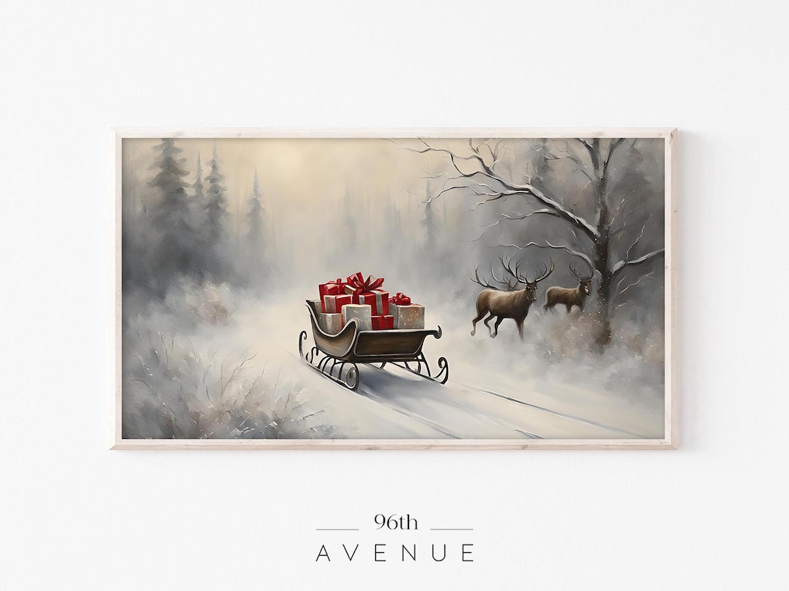 Vintage Christmas Sleigh with Gifts Winter Forest Holiday Poster
