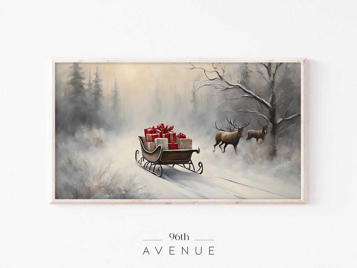Vintage Sleigh Painting Frame Tv Art Traditional Christmas Painting Winter Landscape Santa Claus Art For Tv