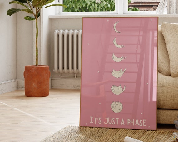 Cat Moon Phase Lunar Wall Art Cat Lover Poster Cute Quote Print Motivational Trendy Apartment Decor Pink 1print