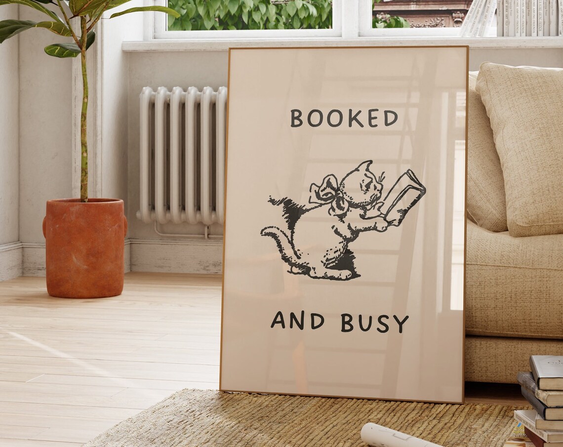 Booked And Busy Vintage Cat Reading Art Print