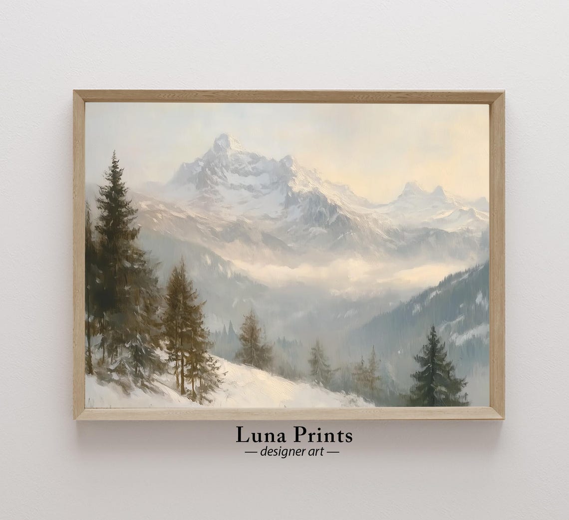 Mountain Winter Landscape Painting Art Snowy Print Neutral