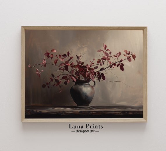 Burgundy Stems Moody Vintage Fall Floral Art Print