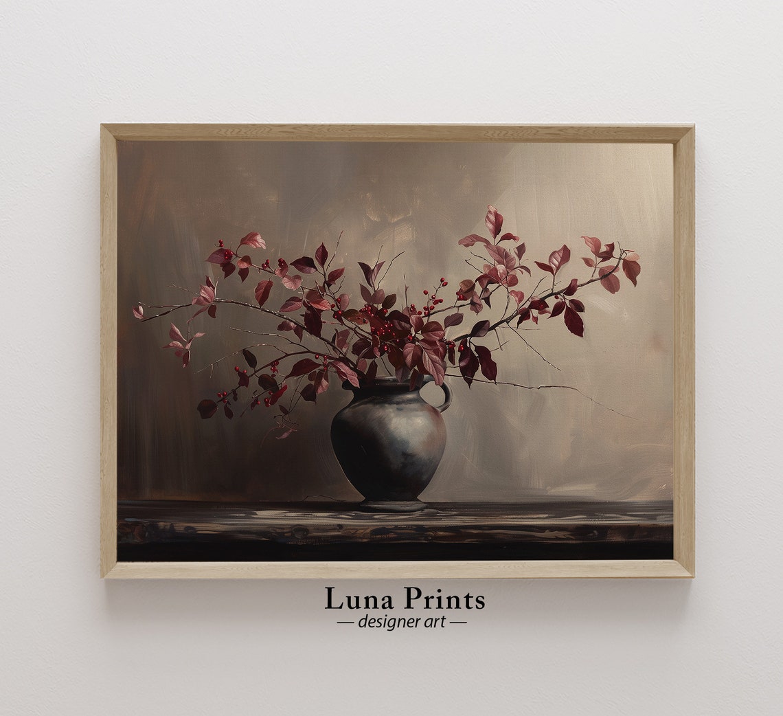 Burgundy Stems Moody Vintage Fall Floral Art Print
