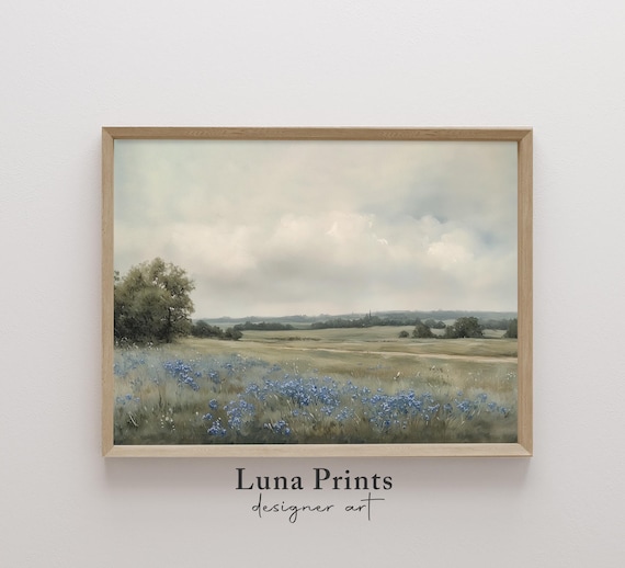 Flower Field Landscape Painting, Blue Floral Vintage Art