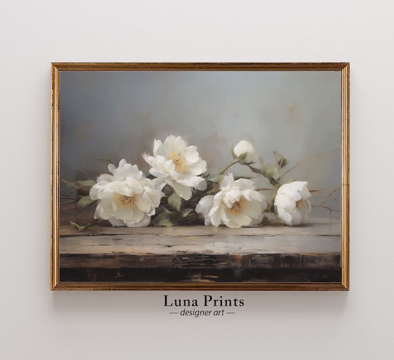White Peonies Painting Art, Muted Toned Floral