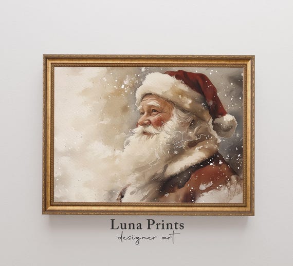 Santa Christmas Wall Decor, Vintage Watercolor Art Print