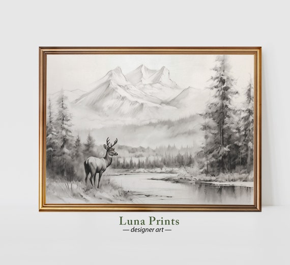 Deer In Winter Forest Art Vintage Landscape Sketch