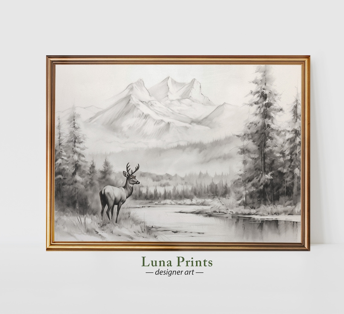 Deer by Winter Lake Pencil Sketch Mountain Forest Vintage Poster