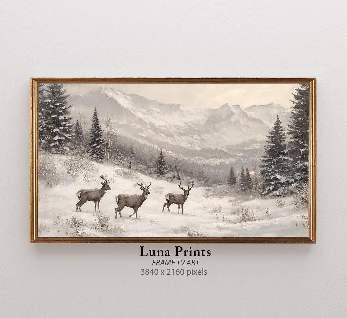Three Deer Snowy Mountain Valley Winter Wildlife Landscape Poster