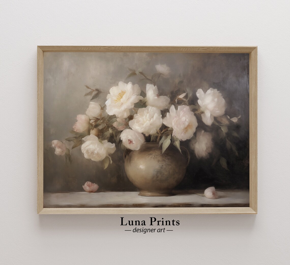 White Peonies in Dark Vase Moody Floral Still Life Painting Wall Art