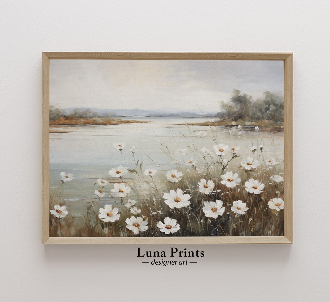 White Cosmos Flowers Riverbank Soft Impressionist Meadow Poster