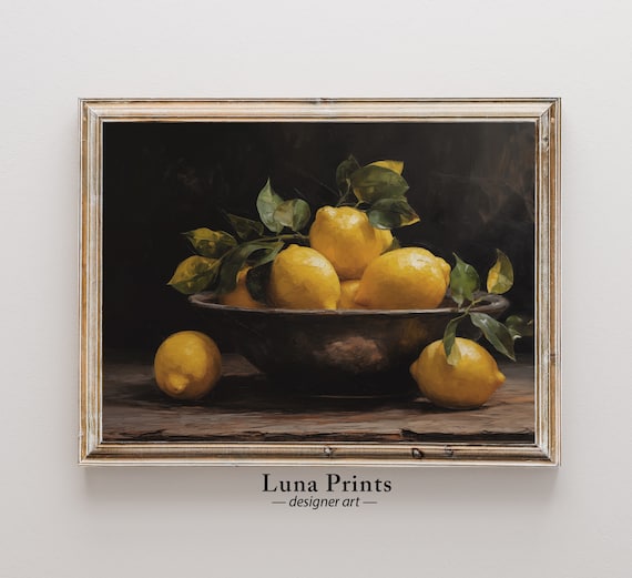 Moody Lemon Painting, Vintage Fruit Still Life