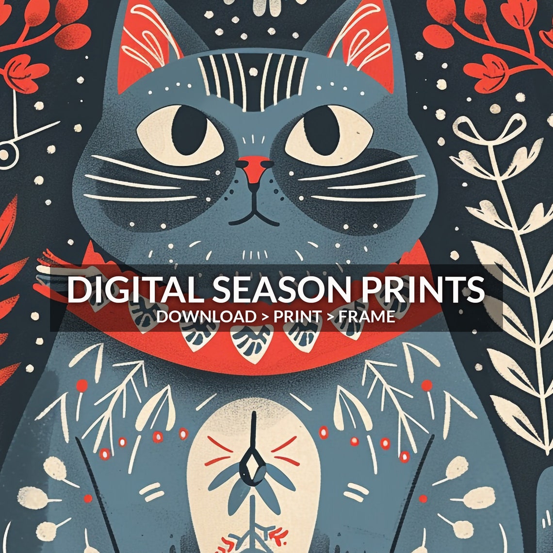 Scandinavian Folk Art Black Cat Red Floral Pattern Animal Poster - Image 6