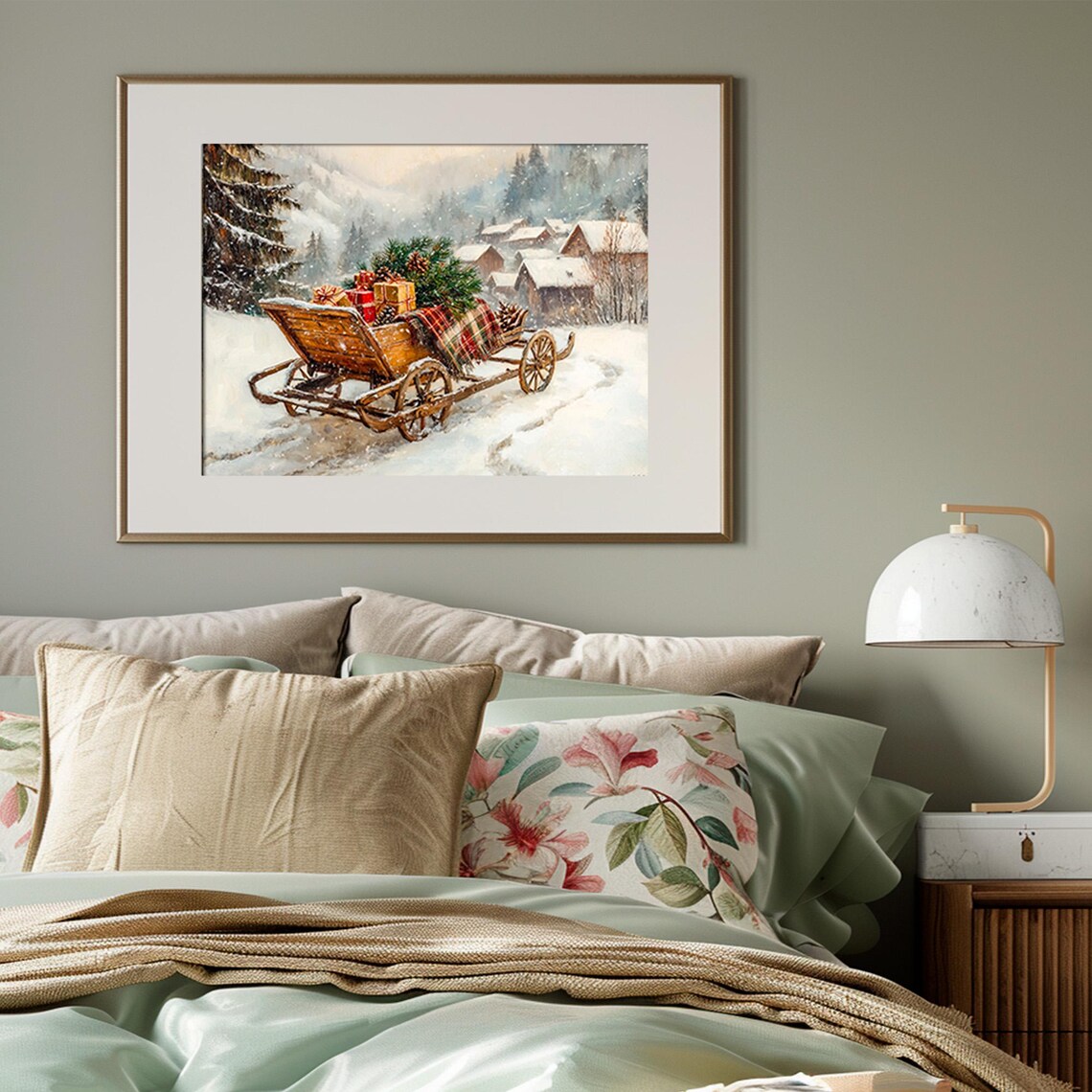 Vintage Wooden Sleigh With Christmas Gifts Snowy Village Scene Print - Image 3