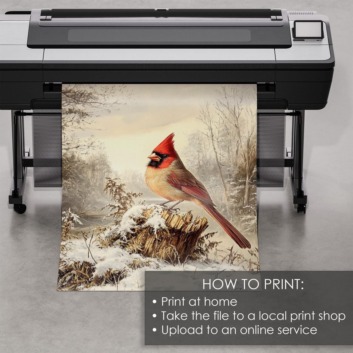 Red Cardinal Snowy Stump Vintage Winter Woodland Bird Painting Poster - Image 5