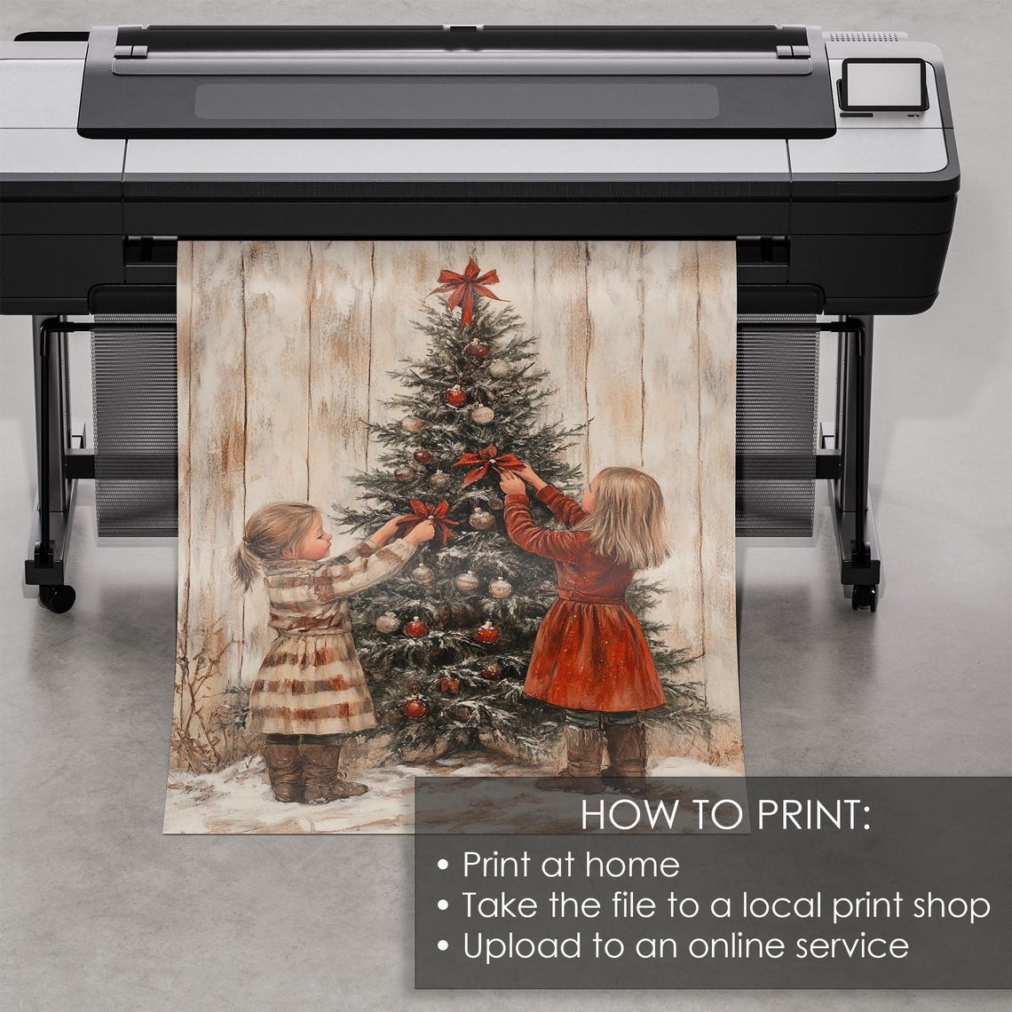 Two Girls Decorating a Christmas Tree with Red Bows Rustic Poster - Image 5
