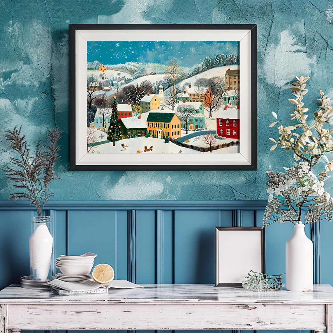 Colorful Folk Art Village Night Christmas Tree Snowy Naive Art Print - Image 6