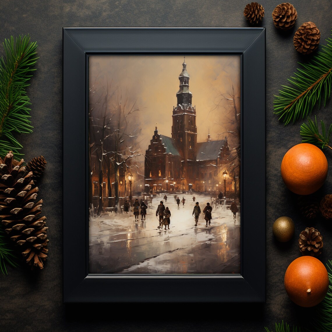 Snowy Old Church Town Square Winter Evening Oil Painting Wall Art - Image 3