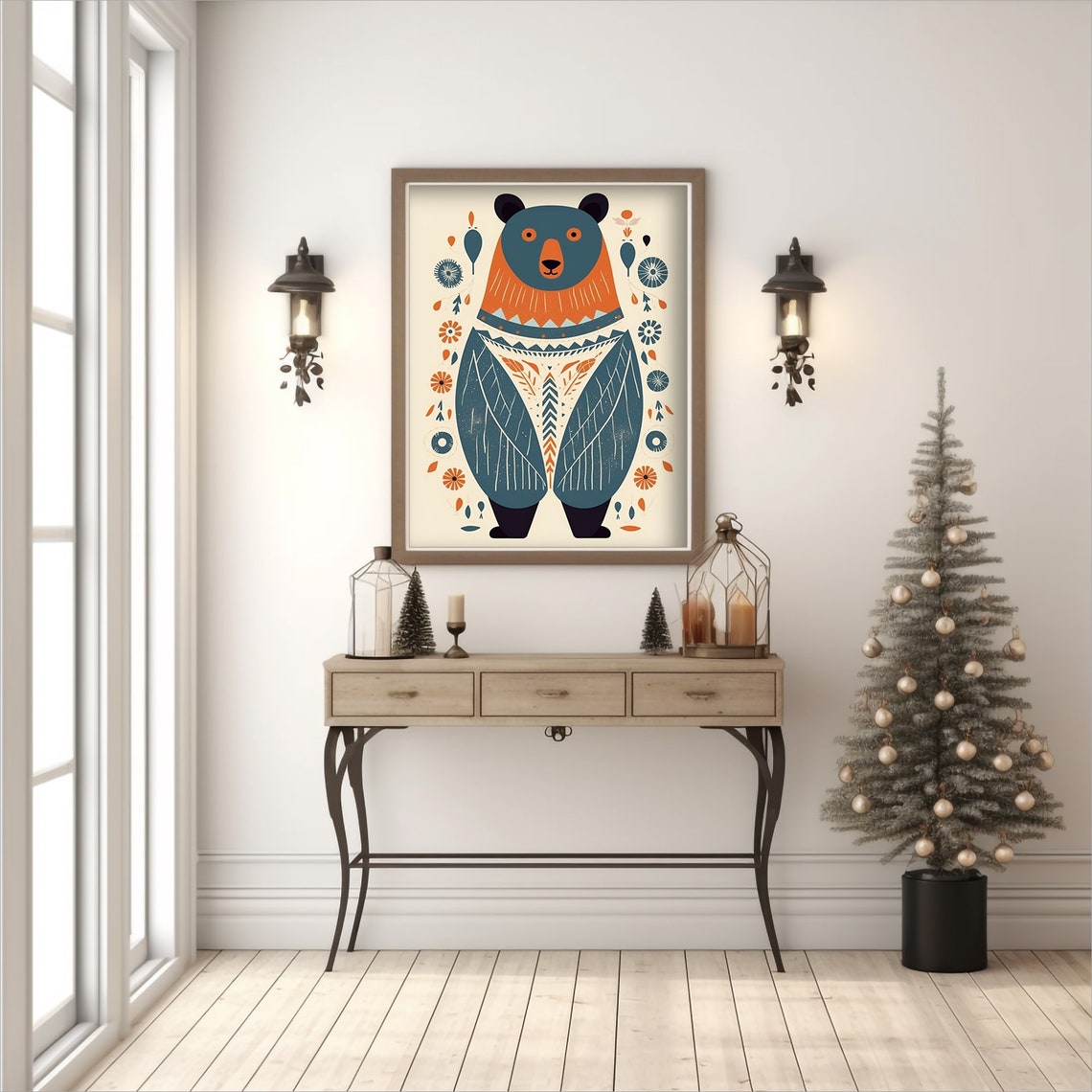 Scandinavian Folk Art Bear Teal Orange Nursery Decor Painting Poster - Image 5