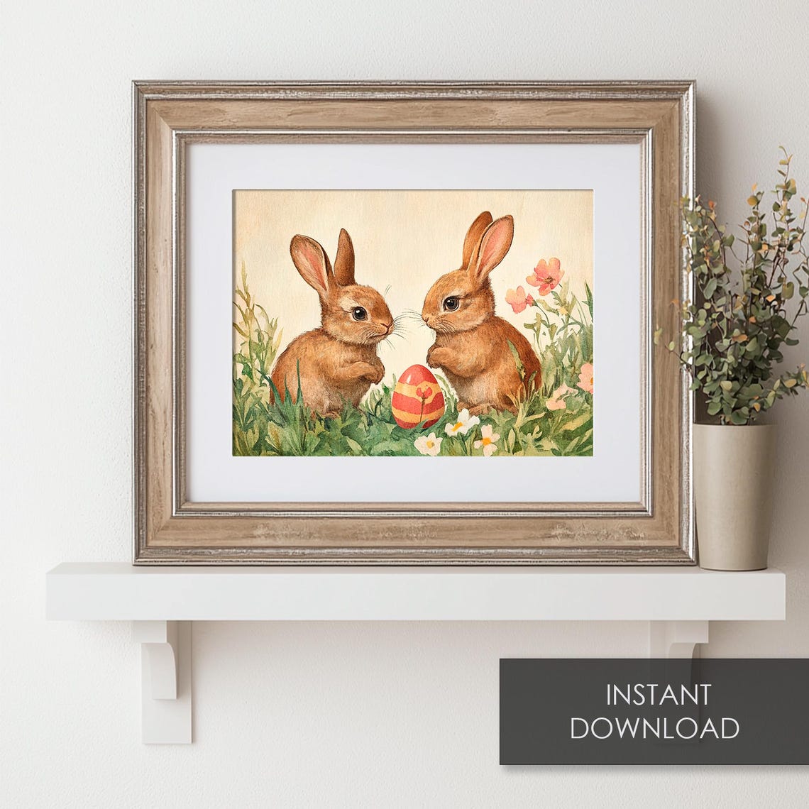 Two Easter Bunnies With Striped Egg In Spring Meadow Artwork Poster - Image 6