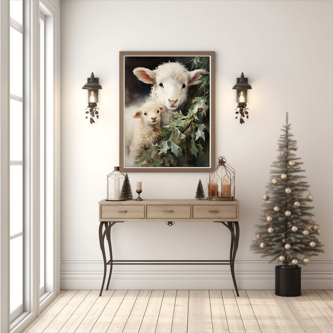Sweet Lamb and Ewe among Holly Berries on Dark Christmas Poster - Image 3