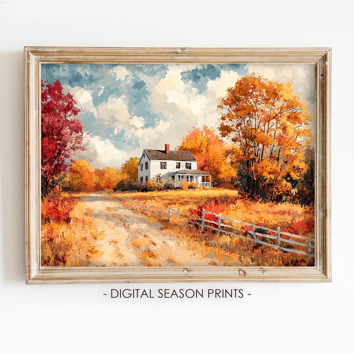 Autumn Country House with Red Maple Trees Dirt Road Fall Poster