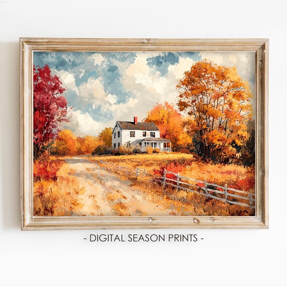 Autumn Country House with Red Maple Trees Dirt Road Fall Poster