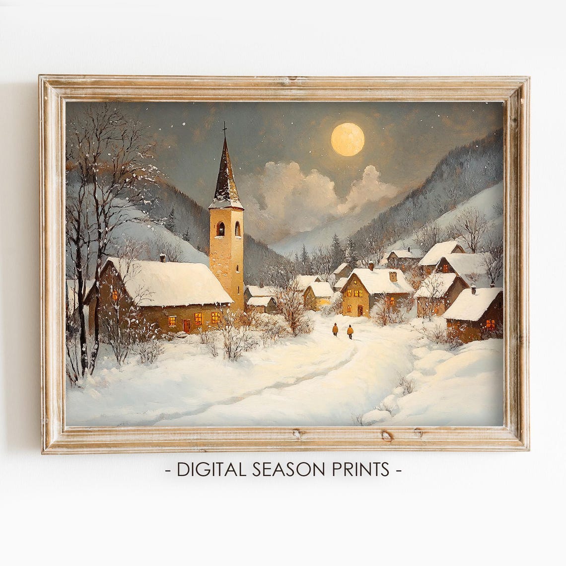 Silent Night Snowy Alpine Village Full Moon Winter Church Poster