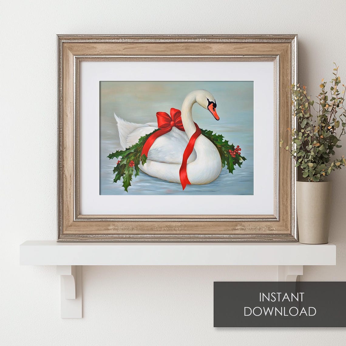 White Swan Holly Wreath Red Bow Elegant Christmas Bird Art Print - Image 6
