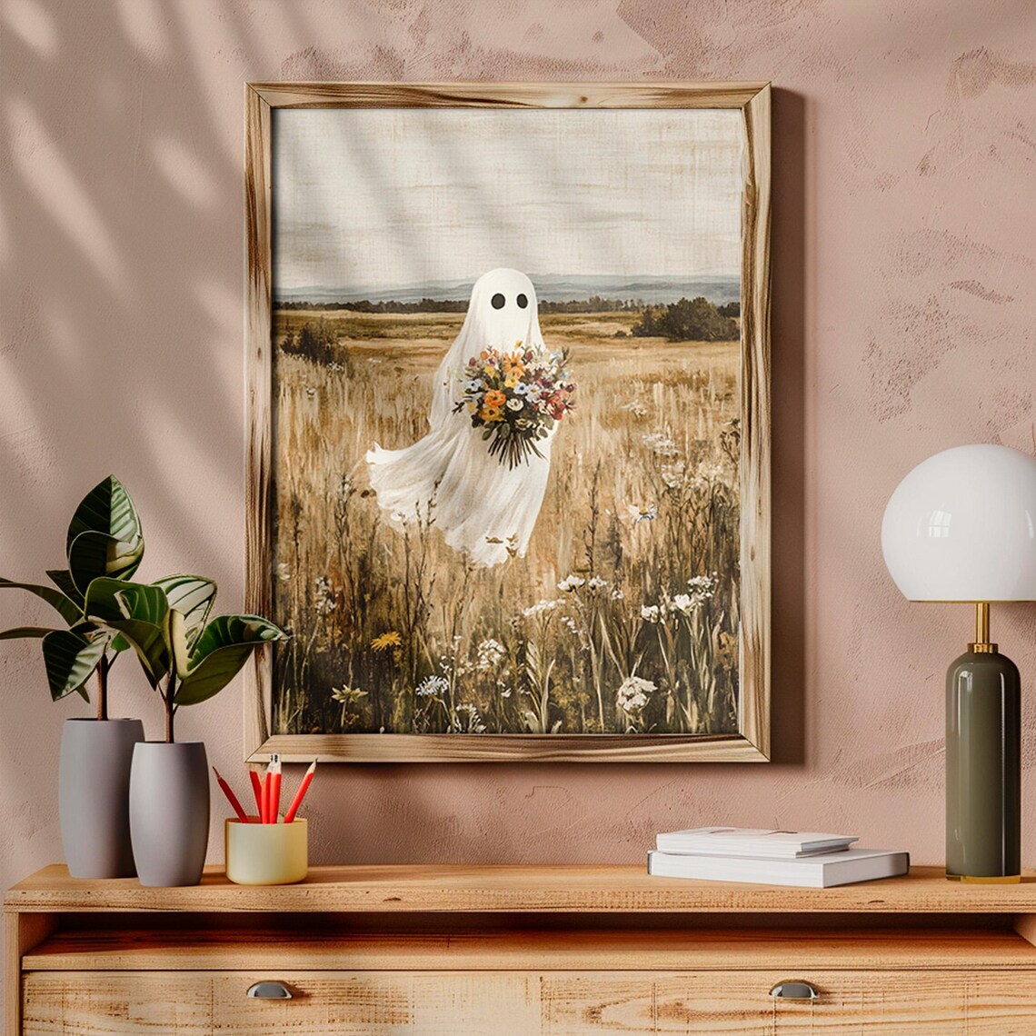 Cute Sheet Ghost Flower Bouquet Wildflower Field Halloween Art Poster - Image 6