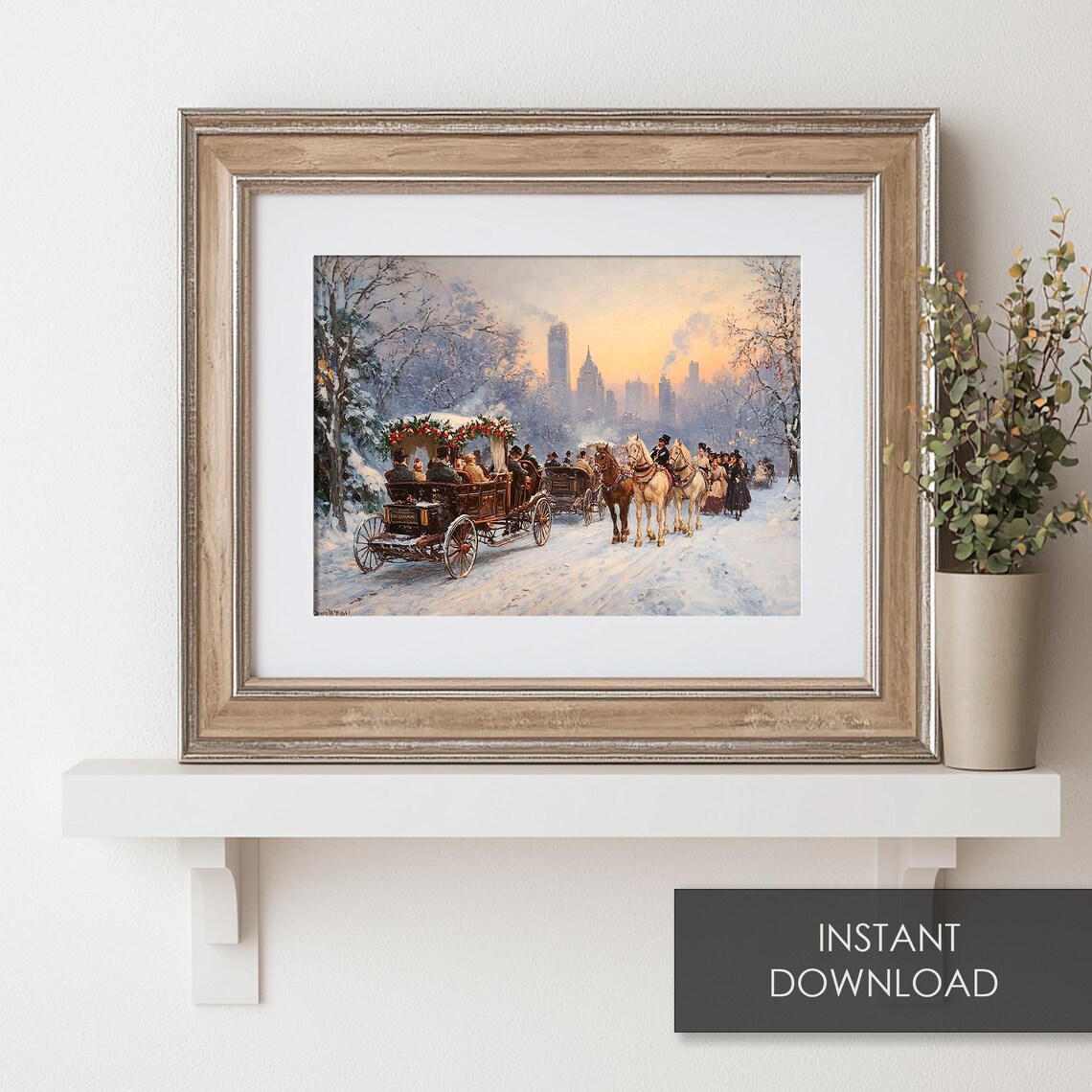 Vintage Winter City Park With Horse Carriages At Sunset Snow Poster - Image 6
