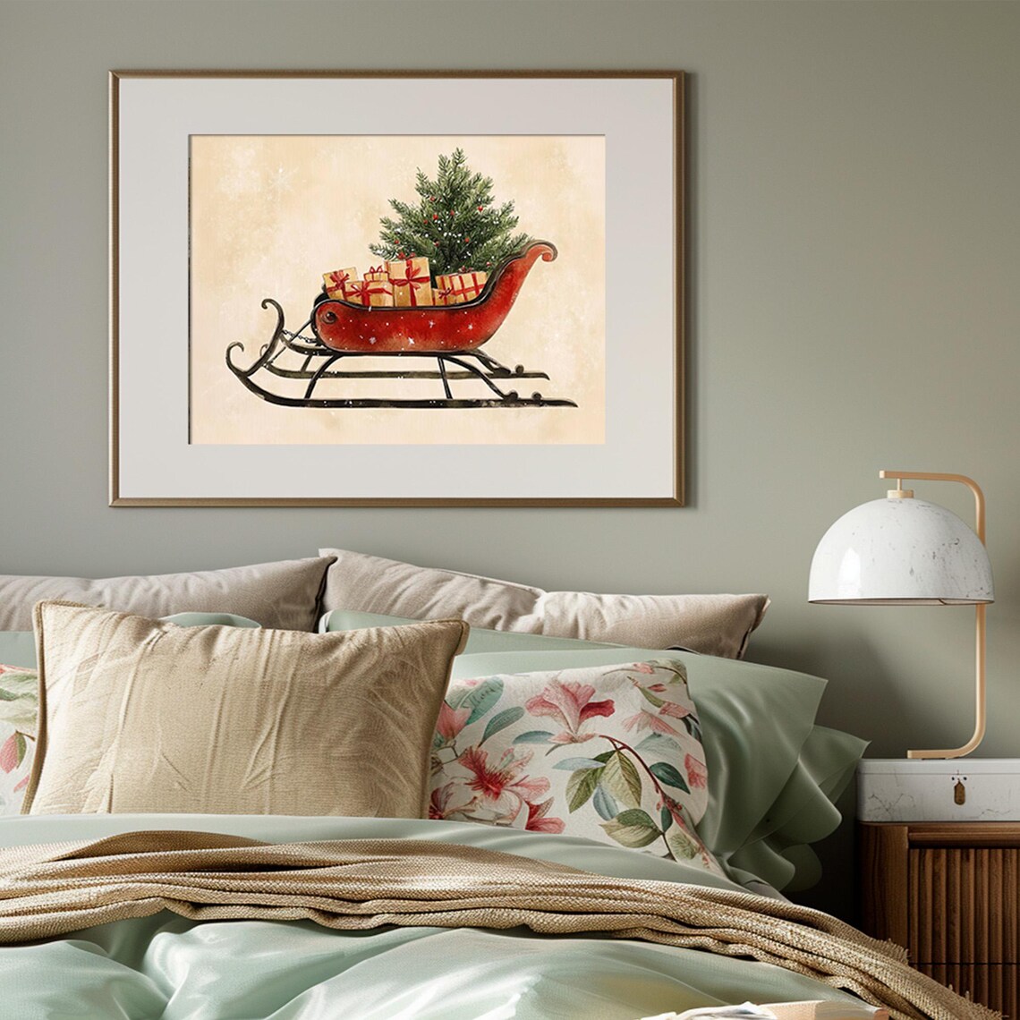Vintage Red Christmas Sleigh with Gifts and Tree Holiday Print - Image 3