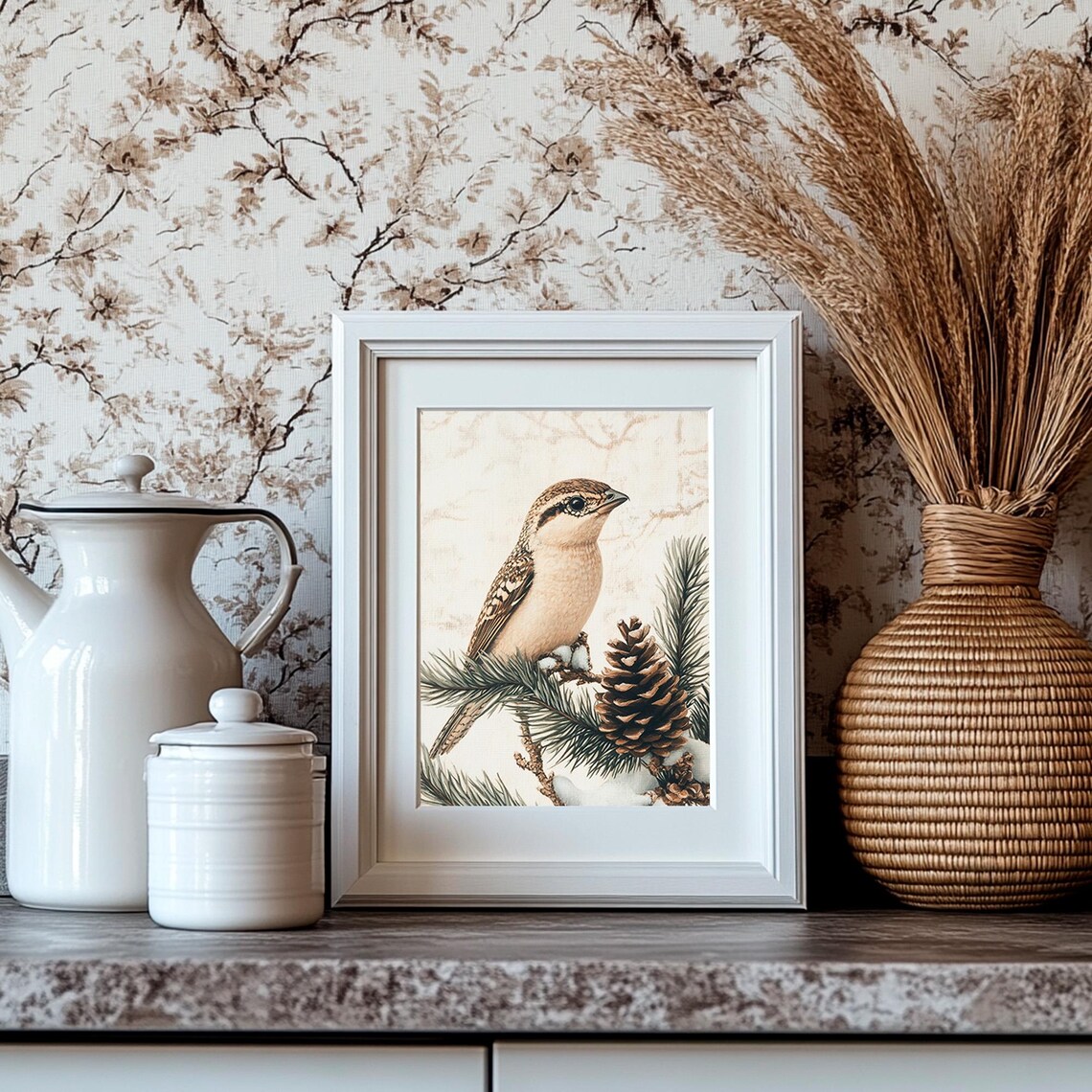 Songbird on a Snowy Pine Branch with Pinecones Vintage Winter Poster - Image 4