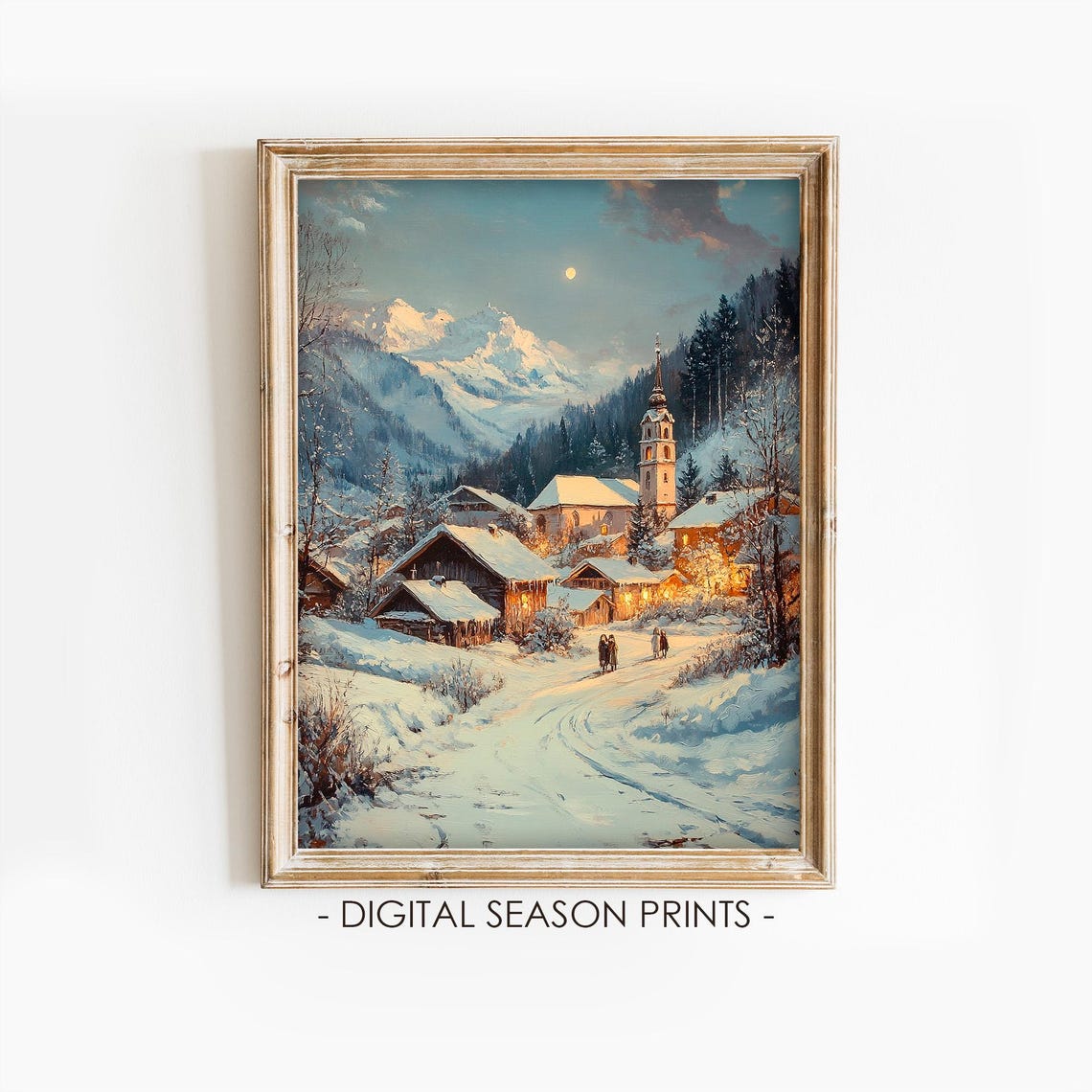 Silent Night Snowy Mountain Village With Church Under Moon Poster